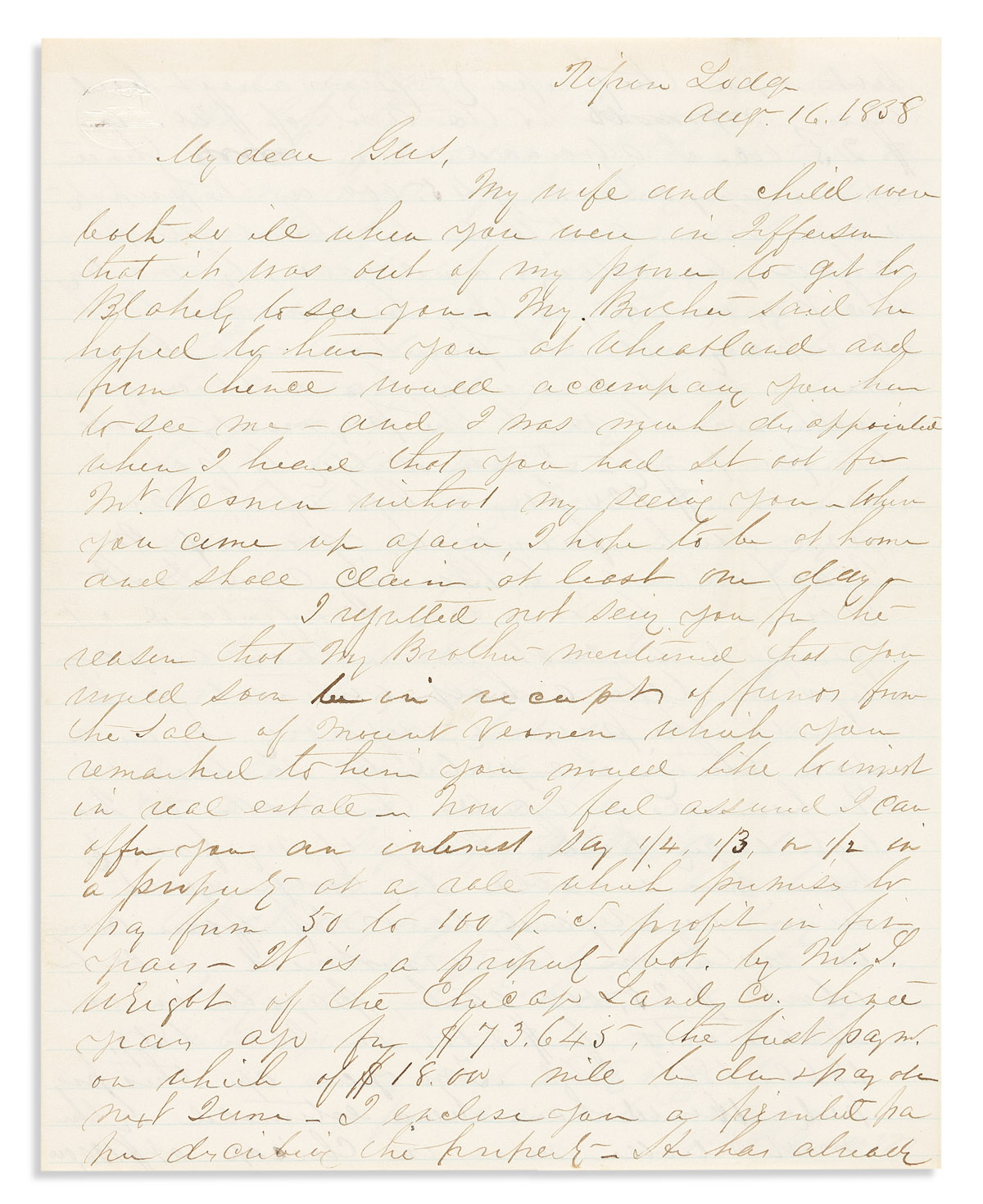 (GEORGE WASHINGTON.) William F. Turner. Letter to the presidents great-grand-nephew, discussing his sale of Mount Vernon.